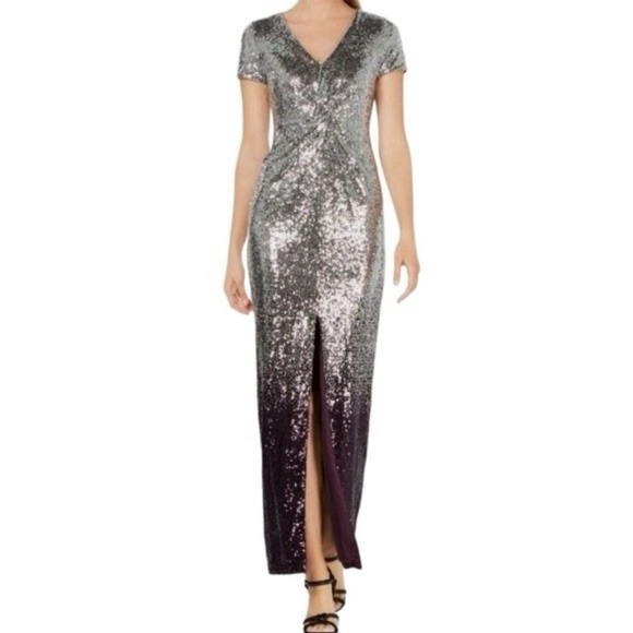 Calvin Klein Sequined Ombre Maxi Dress Silver Purple V-Neck Ball Gown Size 8 - Picture 1 of 9